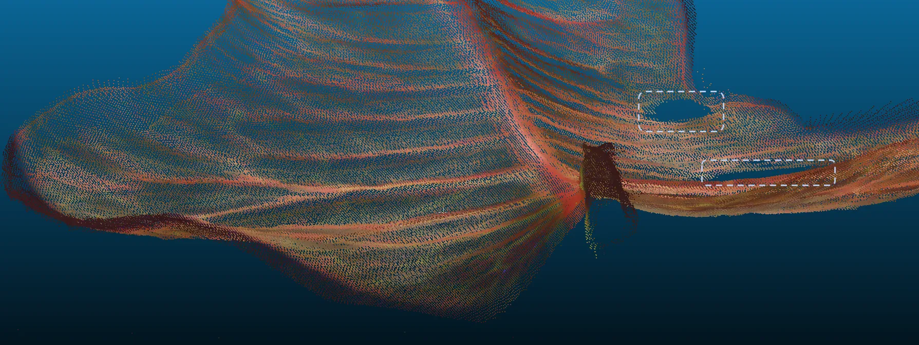Colorized point cloud of a croton leaf with gaps at total reflection
